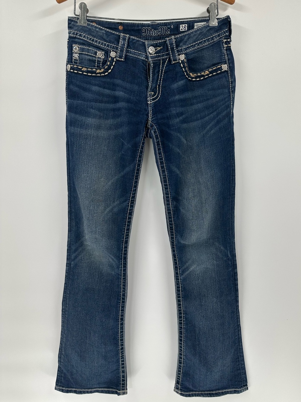 Miss Me Women's Indigo Bootcut Jeans Contrast Stitching signature rise sz 28